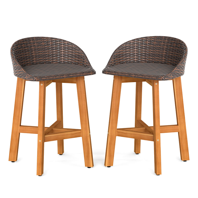 Costway - Outdoor Faux Rattan Bar Chairs Set of 2 with Ergonomic Backrests and Footrests-Brown