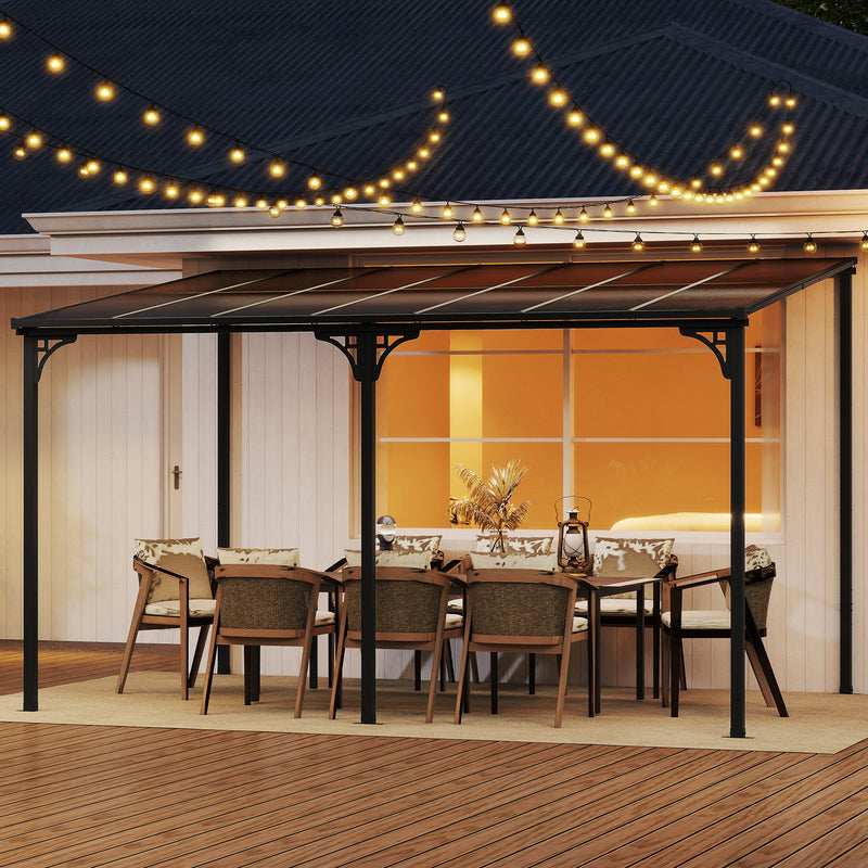 Costway - Wall-Mounted Patio Gazebo Large Outdoor Hardtop Pergola with Sloped Polycarbonate Roof-Black