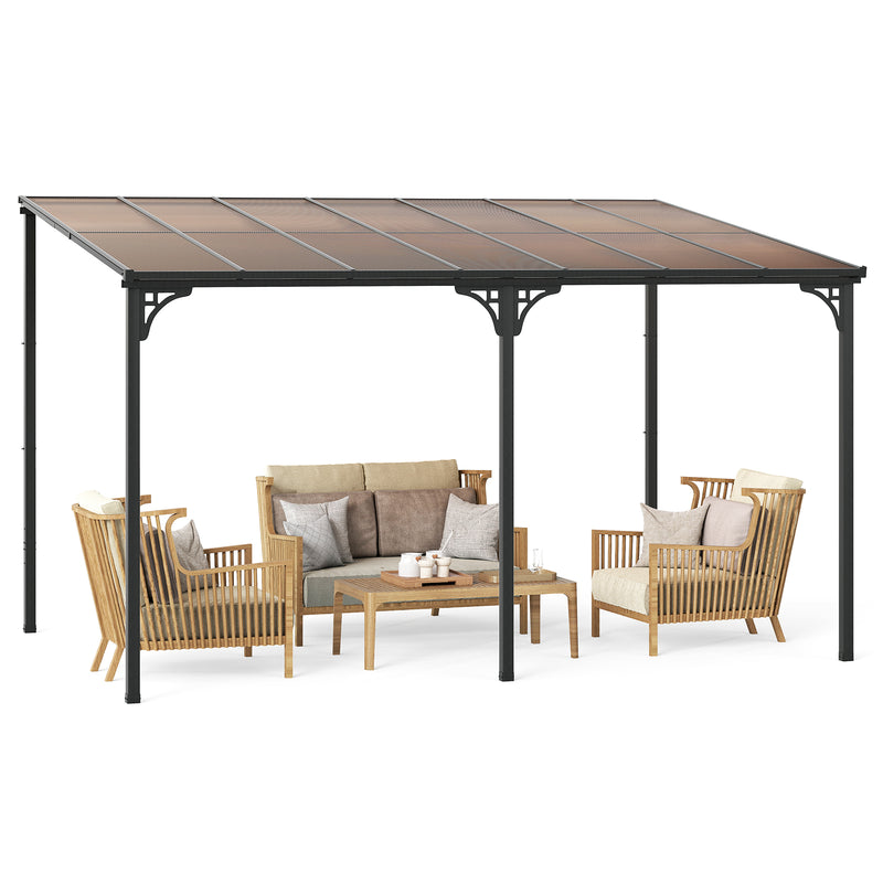 Costway - Wall-Mounted Patio Gazebo Large Outdoor Hardtop Pergola with Sloped Polycarbonate Roof-Black