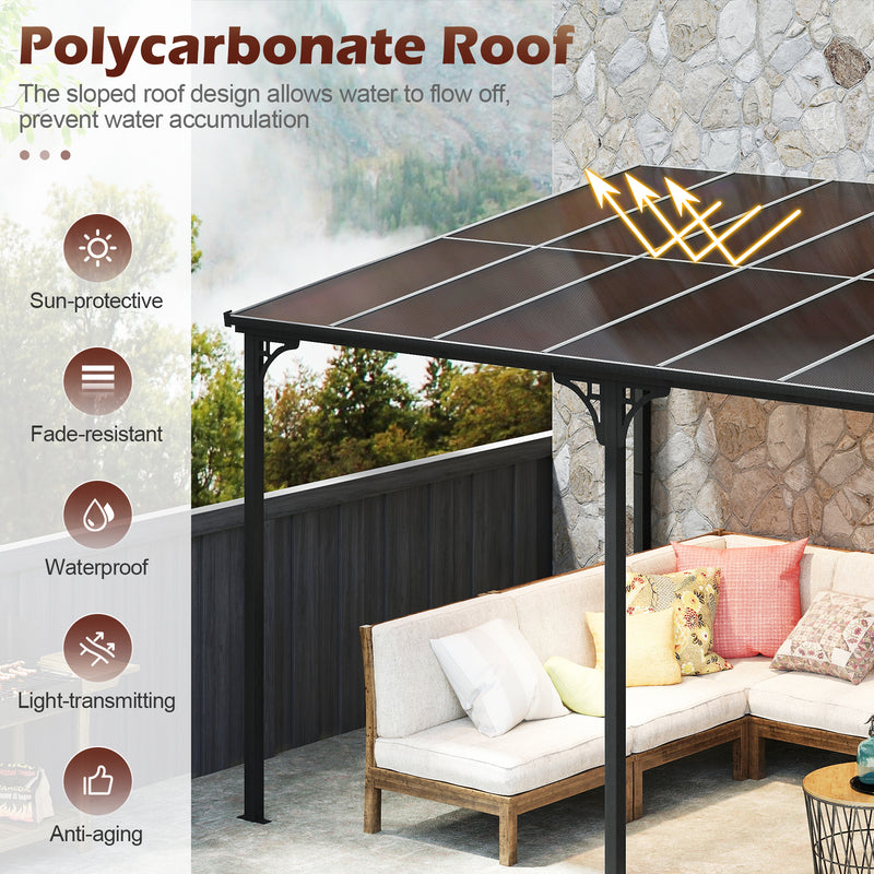 Costway - Wall-Mounted Patio Gazebo Large Outdoor Hardtop Pergola with Sloped Polycarbonate Roof-Black
