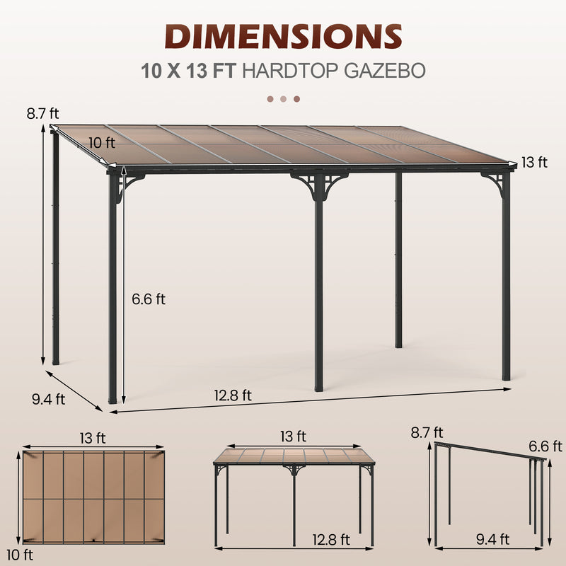 Costway - Wall-Mounted Patio Gazebo Large Outdoor Hardtop Pergola with Sloped Polycarbonate Roof-Black