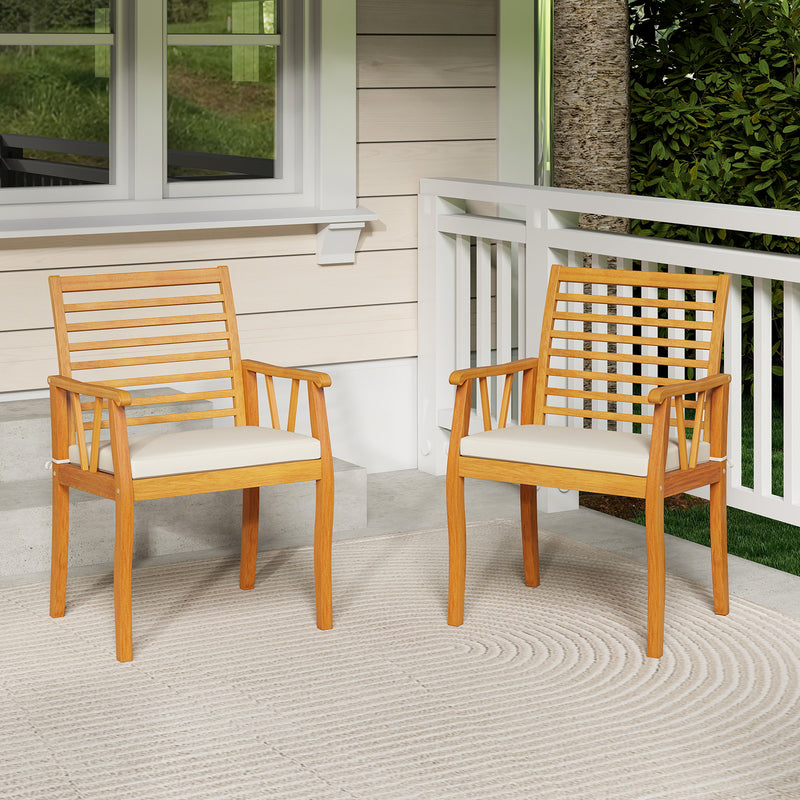 Costway - 2 Pieces Patio Dining Chairs Outdoor Acacia Wood Armchairs Bistro Conversation Furniture-White
