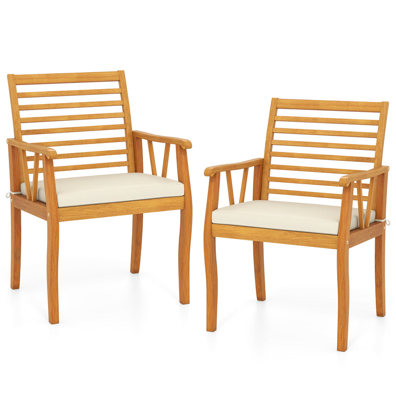 Costway - 2 Pieces Patio Dining Chairs Outdoor Acacia Wood Armchairs Bistro Conversation Furniture-White