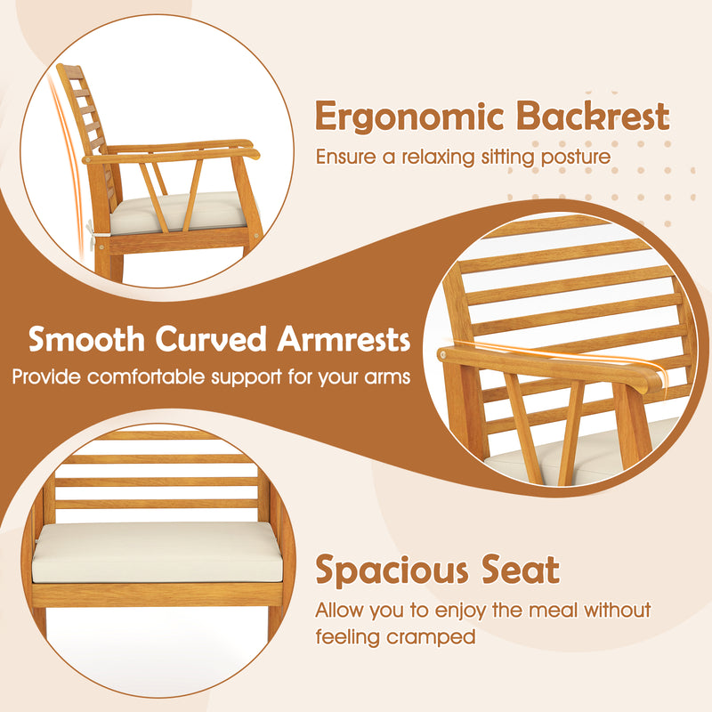 Costway - 2 Pieces Patio Dining Chairs Outdoor Acacia Wood Armchairs Bistro Conversation Furniture-White