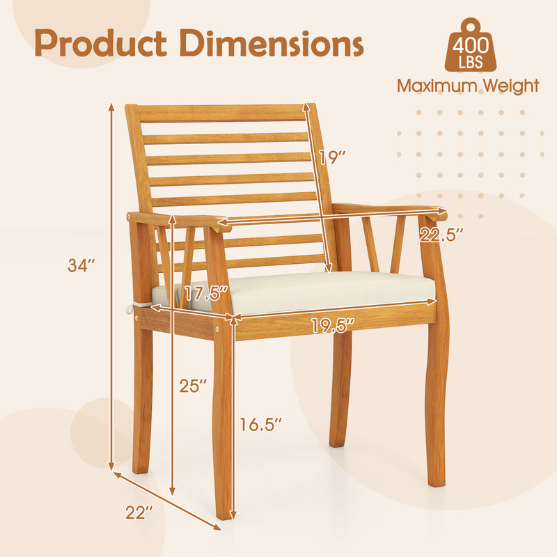 Costway - 2 Pieces Patio Dining Chairs Outdoor Acacia Wood Armchairs Bistro Conversation Furniture-White