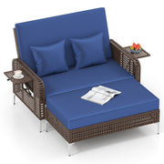 Costway - 2 Piece Patio Rattan Daybed Wicker Loveseat and Ottoman with Adjustable Backrest-Navy