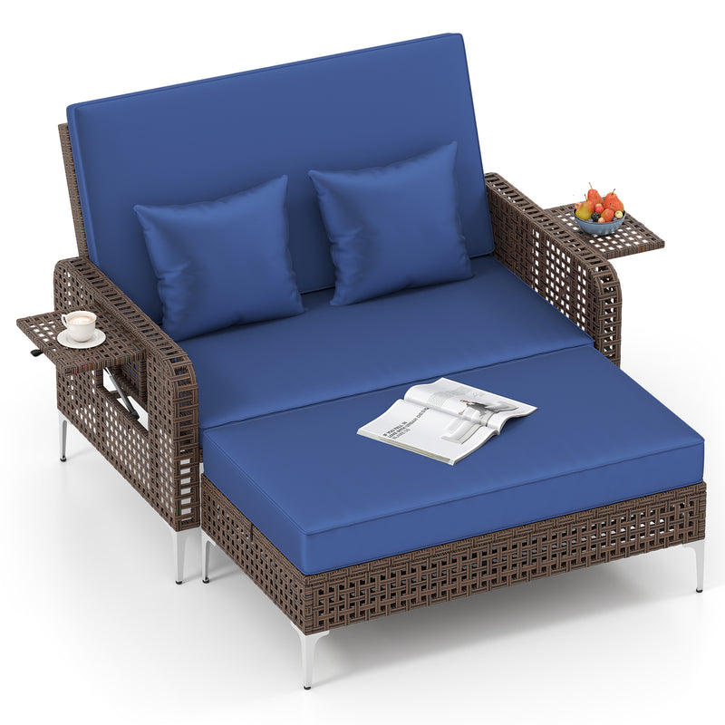 Costway - 2 Piece Patio Rattan Daybed Wicker Loveseat and Ottoman with Adjustable Backrest-Navy