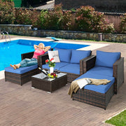 Costway - 5 Pieces Patio Cushioned Rattan Furniture Set-Navy