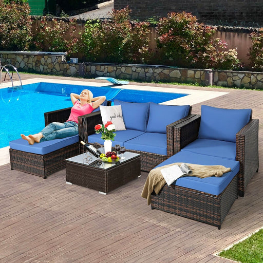 Costway - 5 Pieces Patio Cushioned Rattan Furniture Set-Navy