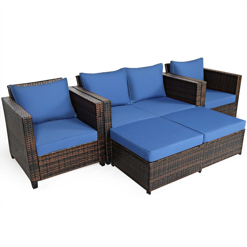 Costway - 5 Pieces Patio Cushioned Rattan Furniture Set-Navy