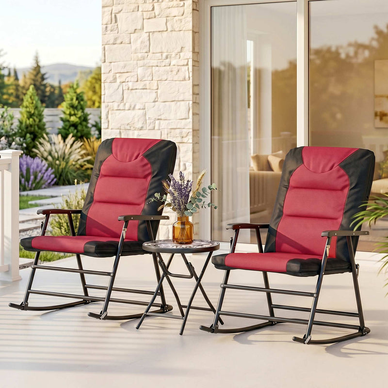Outsunny - 3pc Patio Foldable Rocking Chair Set, Outdoor Rocking Chairs and Table Set w/ Padded Seat, Headrest, Backrest for Backyard, Garden, Red