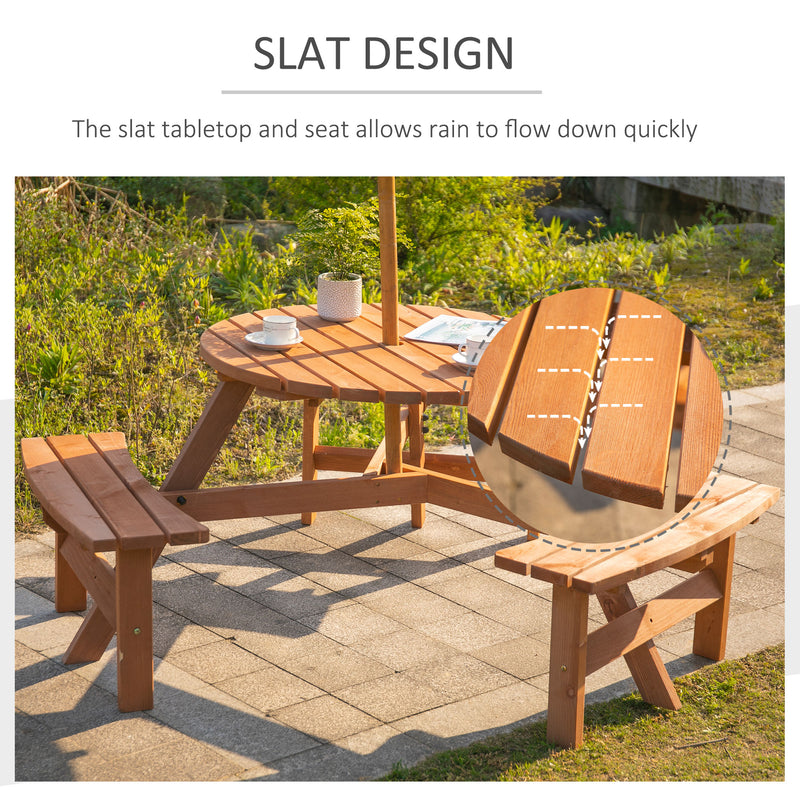 Outsunny - 6 Person Round Picnic Table Bench Set with Umbrella Hole, Wood Patio Table with 3 Built-in Benches for Garden, Deck, Backyard, Brown