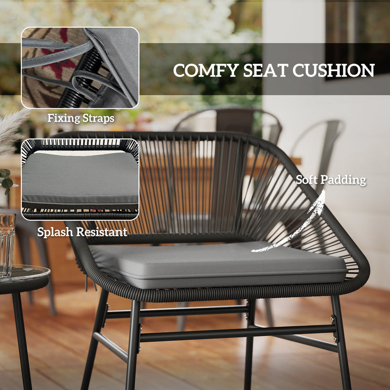 Outsunny - 3 Piece Bistro Set, Wicker Outdoor Patio Furniture Set with Glass Top Table, Cushions for Balcony, Porch, Black