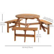 Outsunny - 6 Person Round Picnic Table Bench Set with Umbrella Hole, Wood Patio Table with 3 Built-in Benches for Garden, Deck, Backyard, Brown