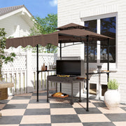 Outsunny - 8' x 7.6' Grill Gazebo, Double Tiered Barbecue Grill Gazebo Shelter w/ Side Awning, 2 Side Shelves, 6 Hooks, Brown