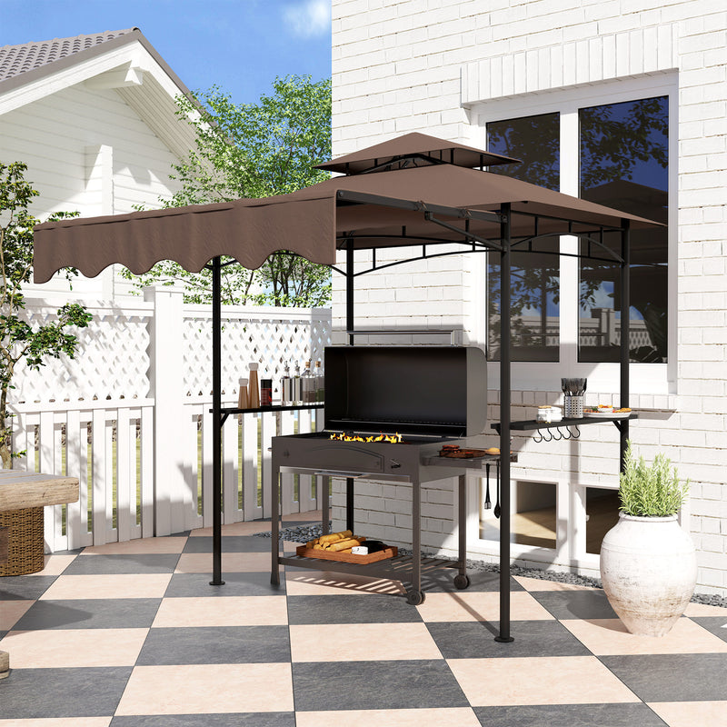 Outsunny - 8' x 7.6' Grill Gazebo, Double Tiered Barbecue Grill Gazebo Shelter w/ Side Awning, 2 Side Shelves, 6 Hooks, Brown