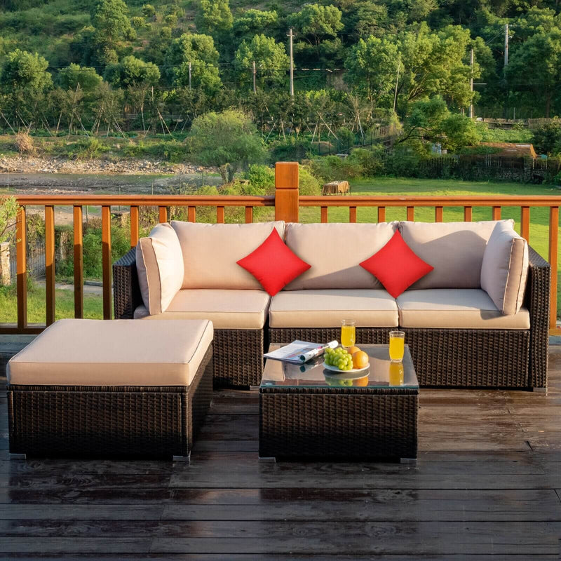 Costway - 5 Pieces Outdoor Patio Rattan Furniture Set Sectional Conversation with Cushions-Beige