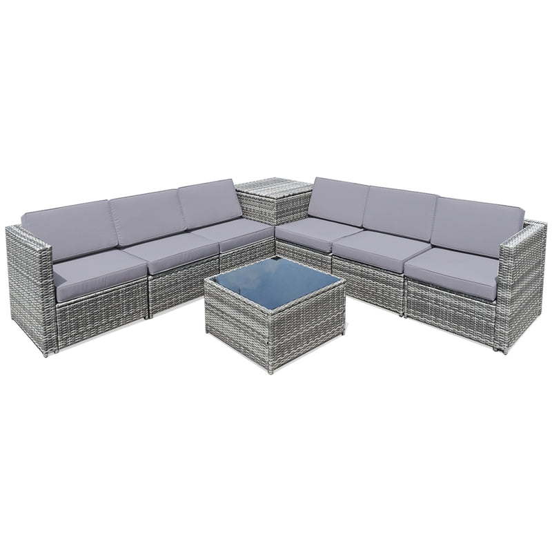 Costway - 8 Pieces Wicker Sofa Rattan Dining Set Patio Furniture with Storage Table-Gray