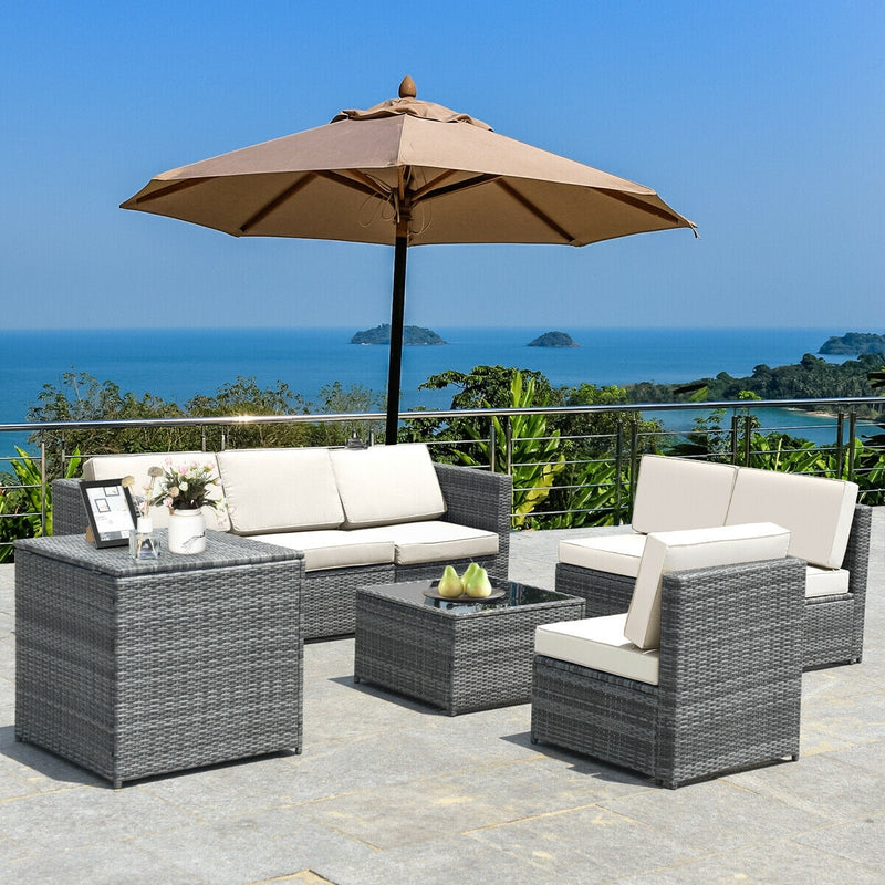 Costway - 8 Piece Wicker Sofa Rattan Dinning Set Patio Furniture with Storage Table-White