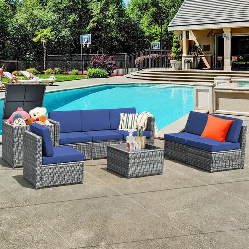 Costway - 8 Piece Wicker Sofa Rattan Dinning Set Patio Furniture with Storage Table-Navy
