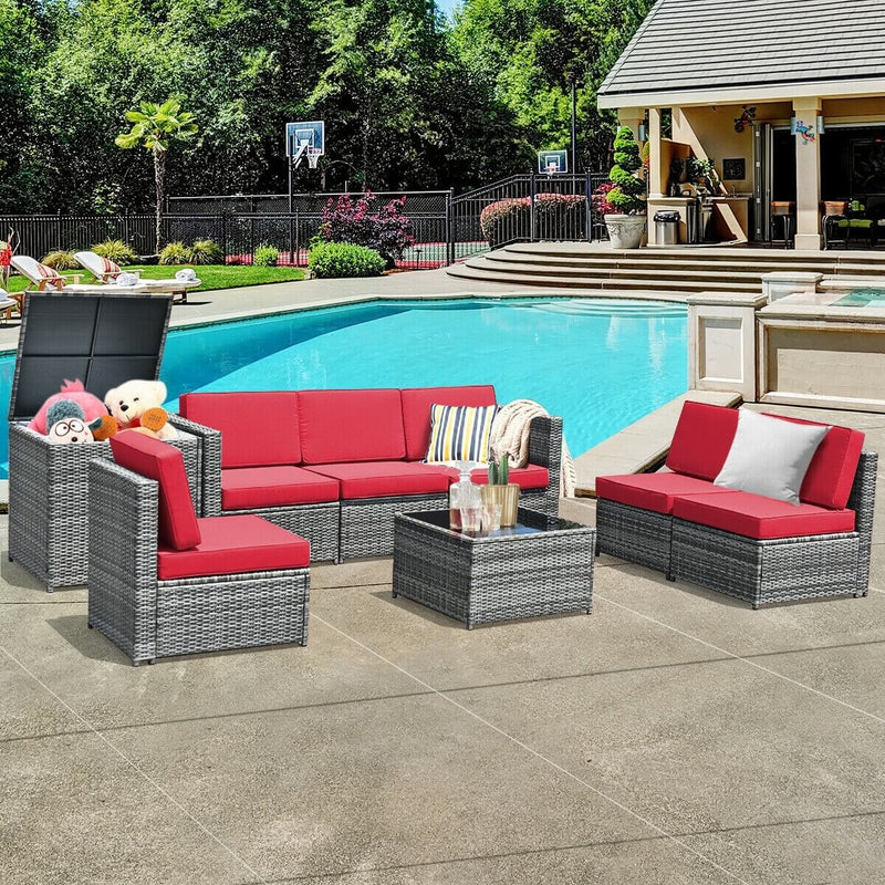 Costway - 8 Piece Wicker Sofa Rattan Dinning Set Patio Furniture with Storage Table-Red