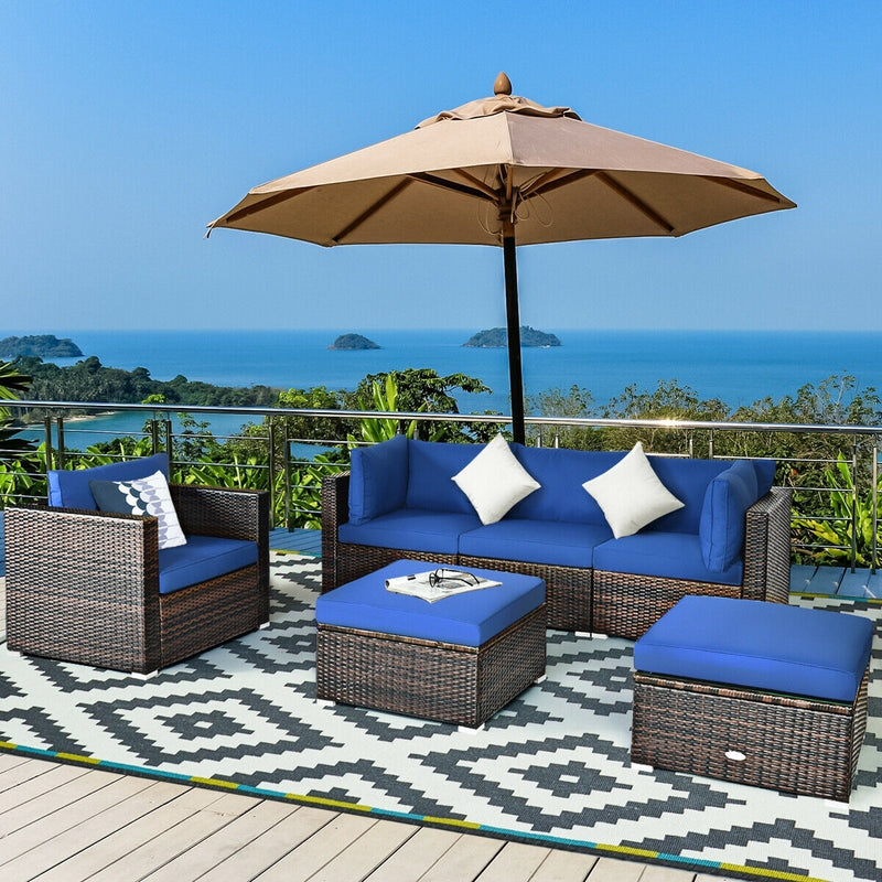Costway - 6 Pieces Patio Rattan Furniture Set with Sectional Cushion-Blue