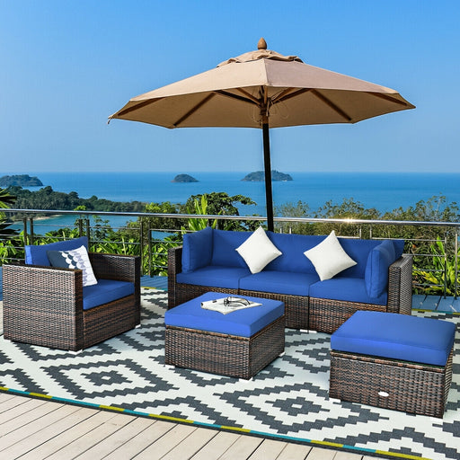 Costway - 6 Pieces Patio Rattan Furniture Set with Sectional Cushion-Blue