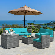 Costway - 8 Piece Wicker Sofa Rattan Dinning Set Patio Furniture with Storage Table-Turquoise