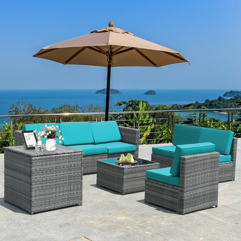 Costway - 8 Piece Wicker Sofa Rattan Dinning Set Patio Furniture with Storage Table-Turquoise