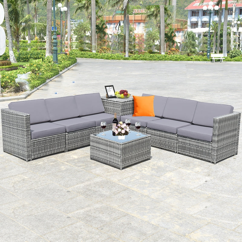 Costway - 8 Pieces Wicker Sofa Rattan Dining Set Patio Furniture with Storage Table-Gray
