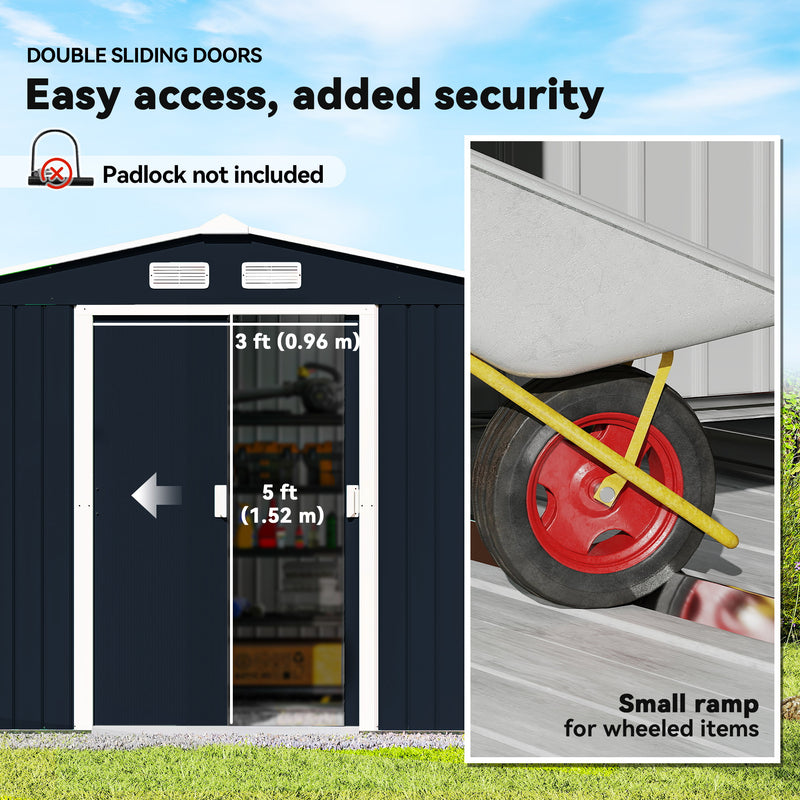 9.1'x6.4'x6.3' Garden Storage Shed w/ Foundation Kit Metal Tool Storage House w/ Double Doors Dark Grey