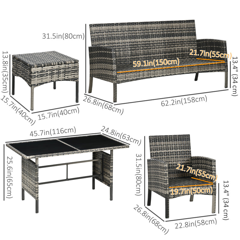 Outsunny - 6-Piece Outdoor Patio Furniture Set with Chairs, Ottomans, Sofa, Glass Top Coffee Table and Cushions, Wicker Rattan Conversation Set for Backyard and Porch, Grey