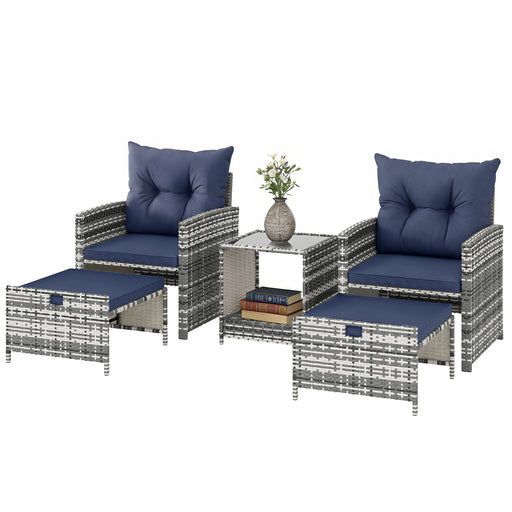 Outsunny - 5 Piece Patio Furniture Set, Wicker Patio Chairs with Ottomans, 2-Tier Glass Coffee Table and Cushions, Grey/Dark Blue