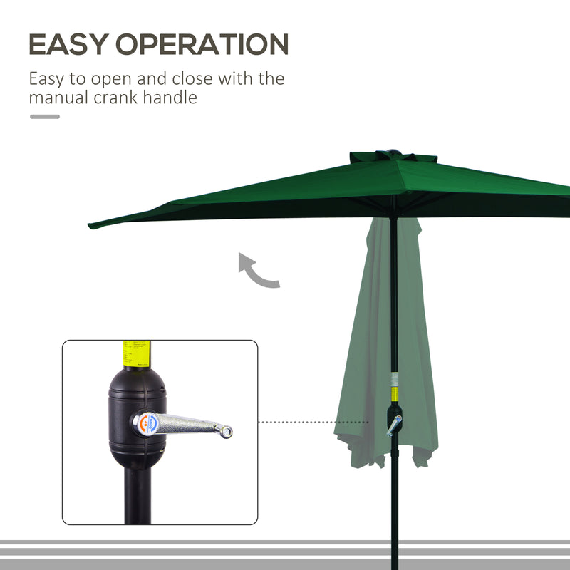 Outsunny - 9.8ft Half Umbrella Semi Round Patio Parasol with Crank Handle, Top Vent for Garden, Balcony - NO BASE INCLUDED, Green — 84D-008GN