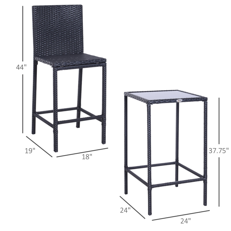 Outsunny - 3 Piece Patio Bar Set Wicker Rattan Garden Bistro Set Barstool and Table for Patio Backyard Balcony Poolside, Black
