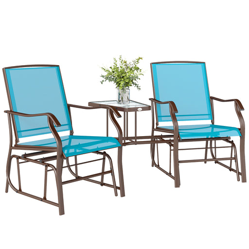 Outsunny - Outdoor Glider Chair with Table, 2-Seat Patio Glider Loveseat with Breathable Mesh Fabric, Blue