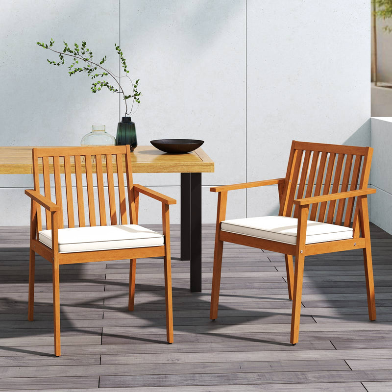 Costway - 2 Pieces Patio Dining Chairs Outdoor Acacia Wood Chairs with Removable Padded Cushion-Natural