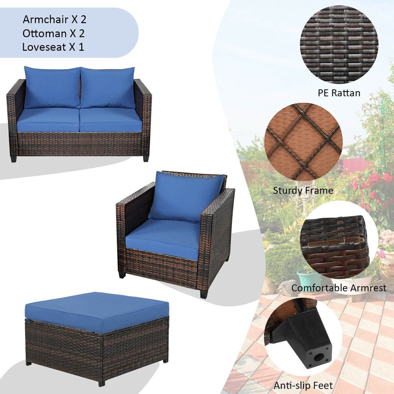 Costway - 5 Pieces Patio Cushioned Rattan Furniture Set-Navy