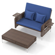Costway - 2 Piece Patio Rattan Daybed Wicker Loveseat and Ottoman with Adjustable Backrest-Navy