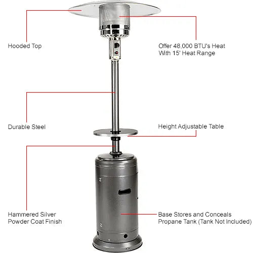 Hiland® Patio Heater With Steel Table, 48000 BTU, Propane, Silver — WB245624