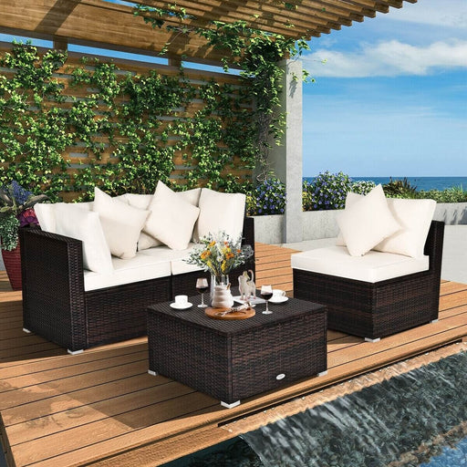 Costway - 4 Pcs Ottoman Garden Deck Patio Rattan Wicker Furniture Set Cushioned Sofa-White