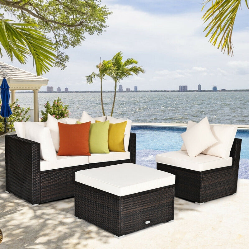 Costway - 4 Pcs Ottoman Garden Deck Patio Rattan Wicker Furniture Set Cushioned Sofa-White
