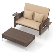 Costway - 2 Piece Patio Rattan Daybed Wicker Loveseat and Ottoman with Adjustable Backrest-Brown