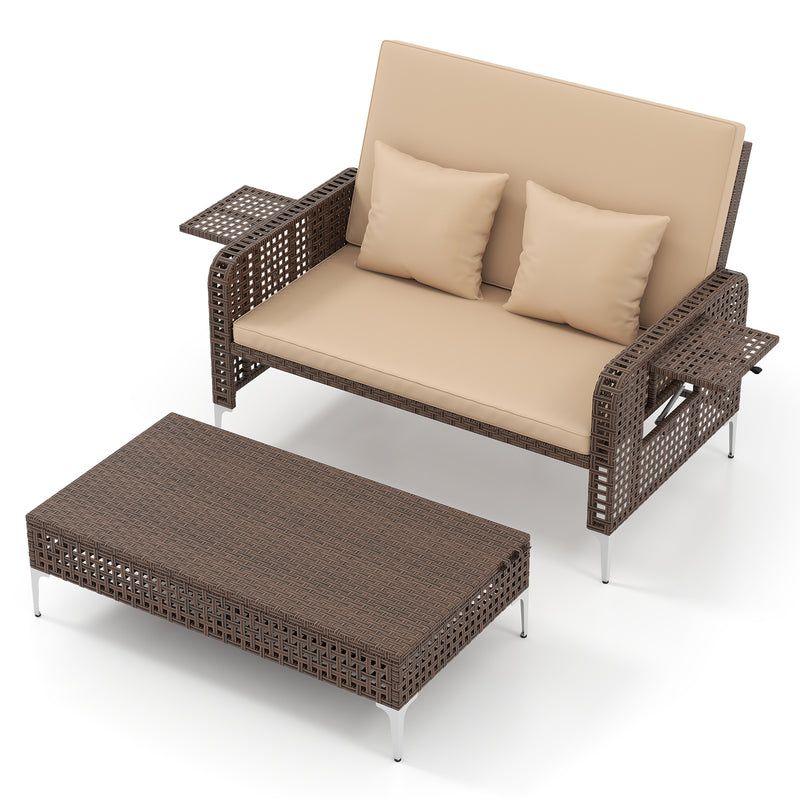 Costway - 2 Piece Patio Rattan Daybed Wicker Loveseat and Ottoman with Adjustable Backrest-Brown