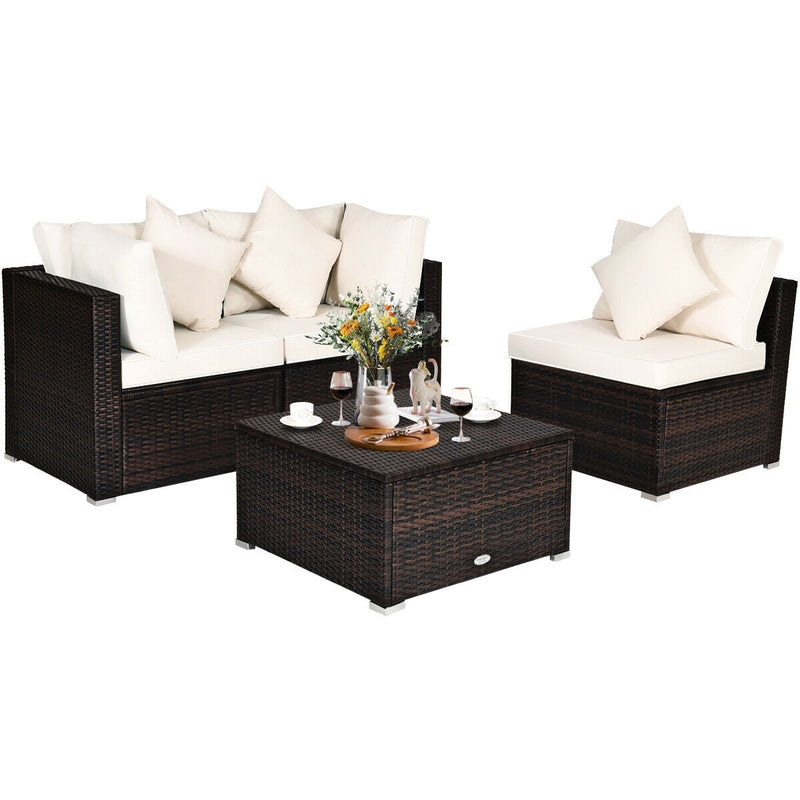 Costway - 4 Pcs Ottoman Garden Deck Patio Rattan Wicker Furniture Set Cushioned Sofa-White