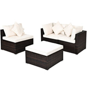 Costway - 4 Pcs Ottoman Garden Deck Patio Rattan Wicker Furniture Set Cushioned Sofa-White