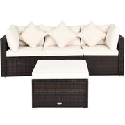 Costway - 4 Pcs Ottoman Garden Deck Patio Rattan Wicker Furniture Set Cushioned Sofa-White