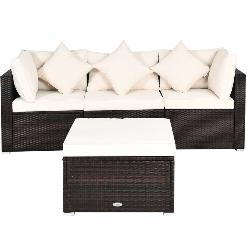 Costway - 4 Pcs Ottoman Garden Deck Patio Rattan Wicker Furniture Set Cushioned Sofa-White