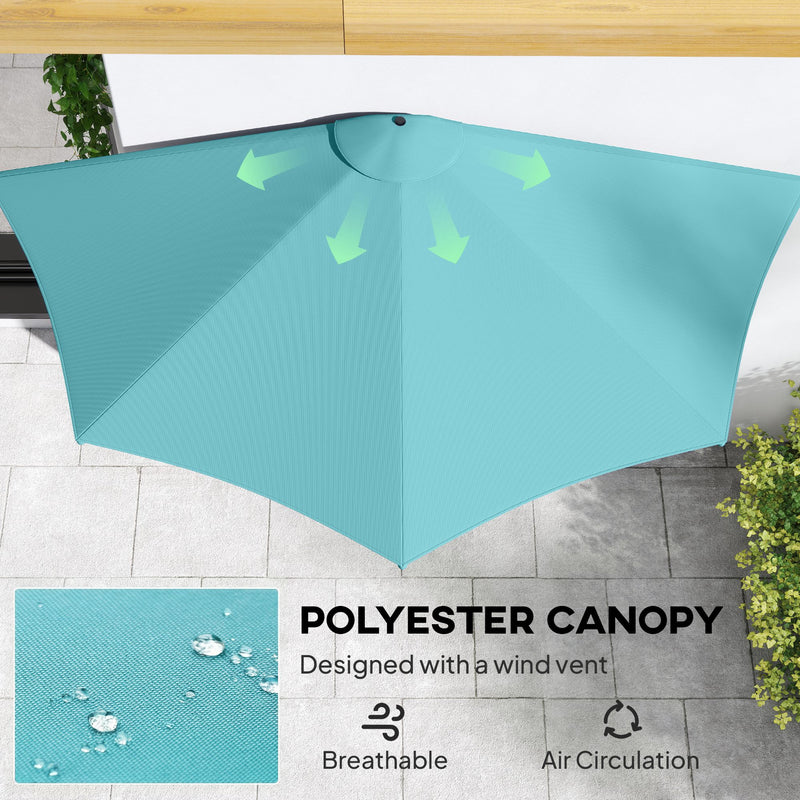 Outsunny - 9.8ft Half Umbrella Semi Round Patio Parasol with Crank Handle, Top Vent for Garden, Balcony - NO BASE INCLUDED, Light Blue — 84D-008V00LB