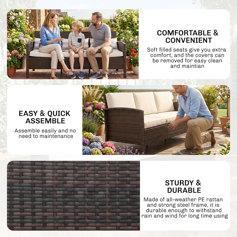 Outsunny - 3-Seater Wicker Sofa, PE Rattan Outdoor Couch Conversation Furniture with Removable Cushions for Patio, Garden, Brown